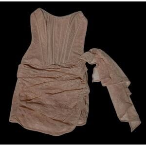 NBD Lynette Sand Neutral Mini Dress Strapless Lace Corset Bustier Cream Tan XS
